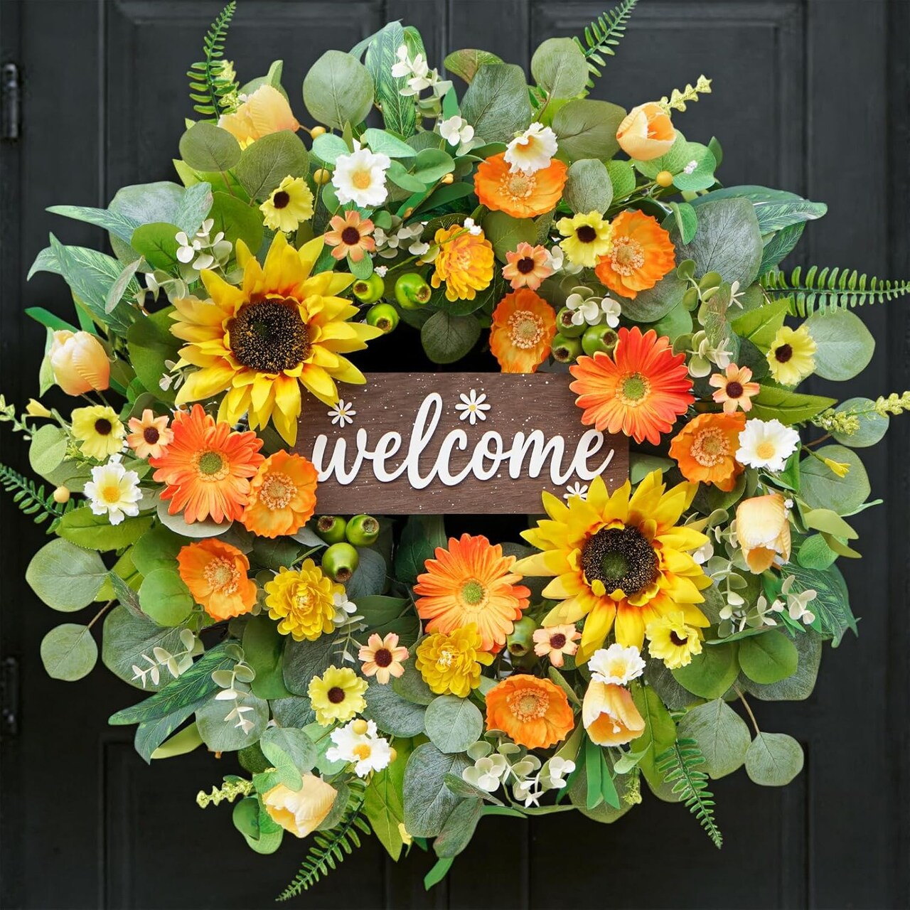 24-Inch Spring & Summer Wreath – Sunflowers, Daisies, Eucalyptus with Welcome Sign for Front Door, Porch, Indoor & Outdoor Home Decor